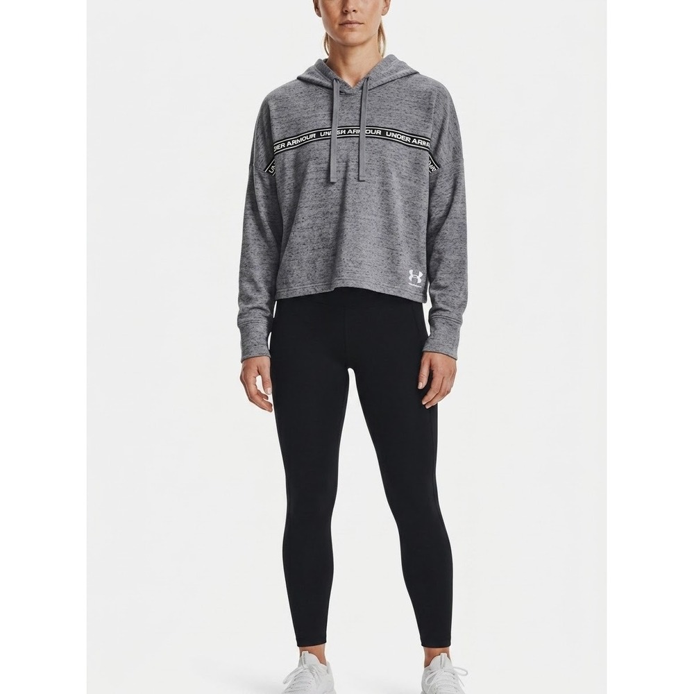 Under Armour Womens Grey Heathered Cropped Hoodie Logo Tape Pullover LG
